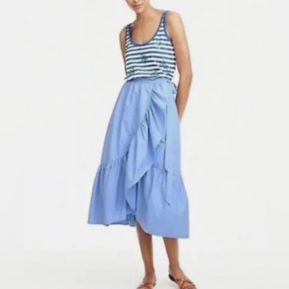 J. Crew Ruffle Wrap Skirt Women Size 14 Cotton Poplin Blue Summer Vacation - Picture 1 of 15